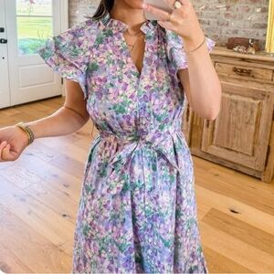Lavender Floral Tie-Waist Midi Dress-NWT